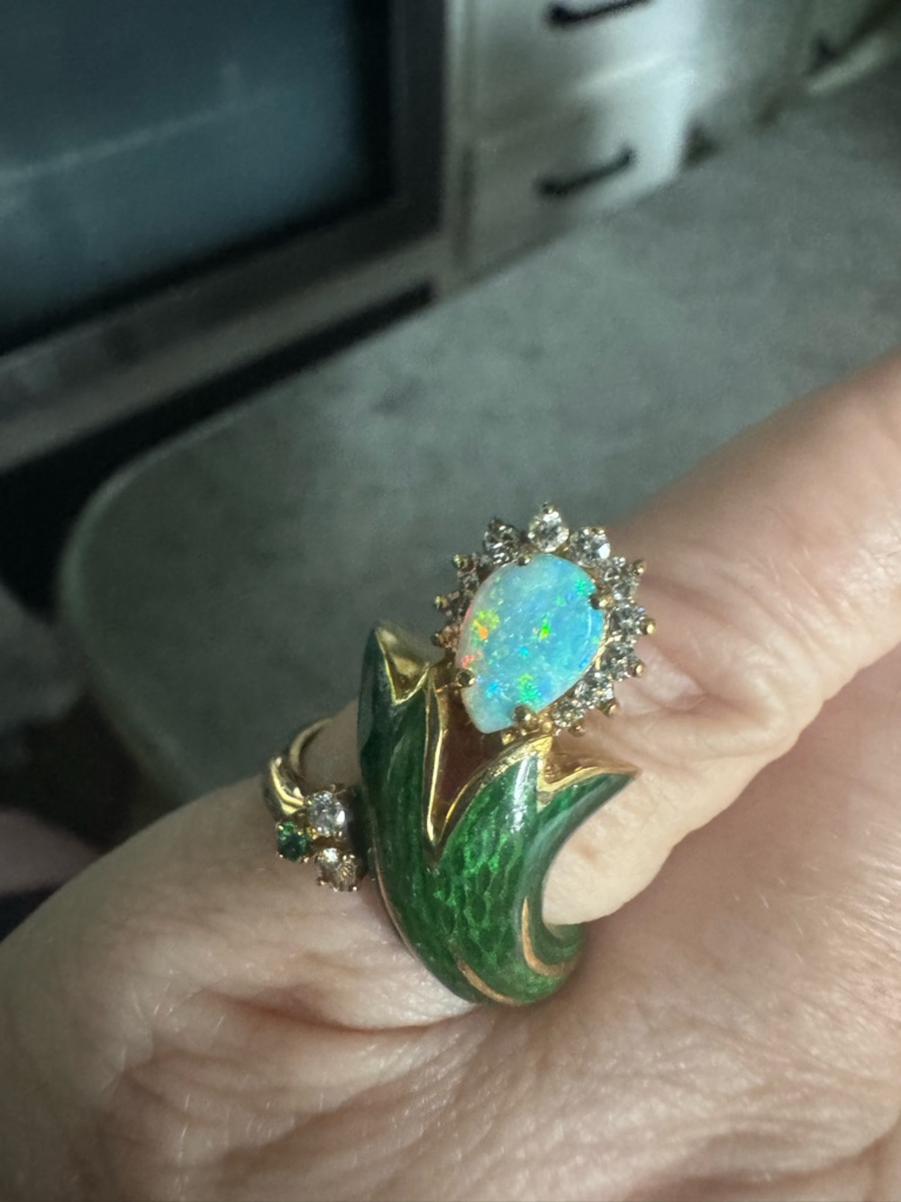 14K Gold Ring with Green Enamel & Fire Opal Halo & Diamonds size 7